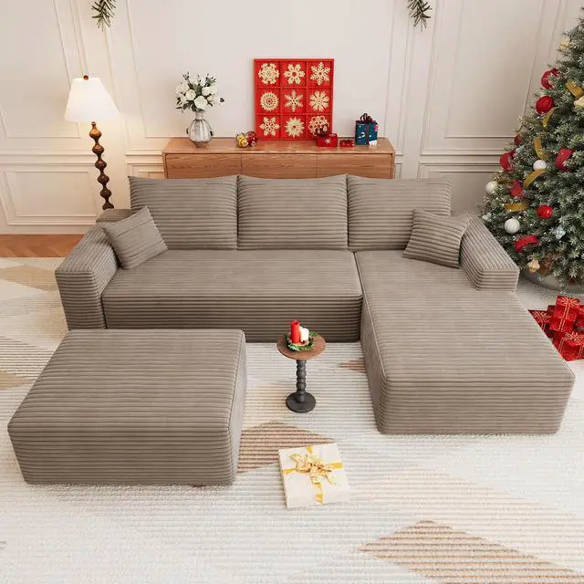 Alt view image 4 of 7 - 107" U Shaped Cloud Sectional Couch with Fluffy Corduroy, Deep Memory Foam Seats Sofa with 1 Ottoman for Living Room, No Assembly Required(Camel,Right-Facing Chaise)