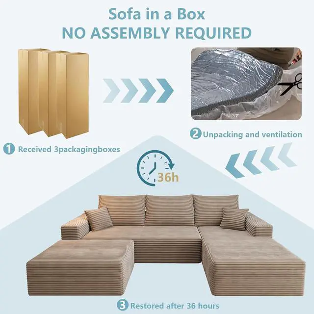 Alt view image 7 of 7 - 107" U Shaped Cloud Sectional Couch with Fluffy Corduroy, Deep Memory Foam Seats Sofa with 1 Ottoman for Living Room, No Assembly Required(Camel,Right-Facing Chaise)