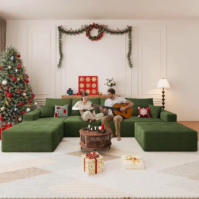 Alt view image 3 of 7 - 136" U Shaped Cloud Sectional Couch with Fluffy Corduroy, Deep Memory Foam Seats Sofa with 1 Ottoman for Living Room, No Assembly Required(Green,Left-Facing Chaise)