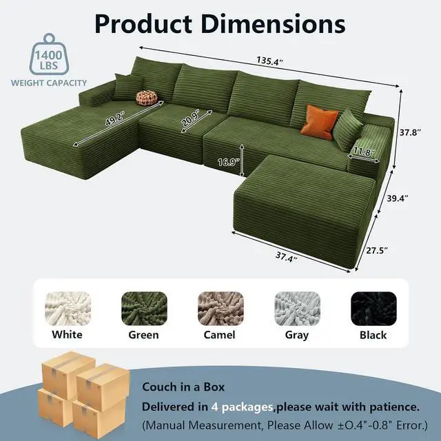 Alt view image 2 of 7 - 136" U Shaped Cloud Sectional Couch with Fluffy Corduroy, Deep Memory Foam Seats Sofa with 1 Ottoman for Living Room, No Assembly Required(Green,Left-Facing Chaise)