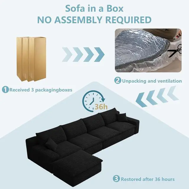 Alt view image 7 of 7 - 136" Cloud Sectional Couch with L-Shaped Chaise,4-Seater Corduroy Viral Boneless Sofa with Ottoman,Memory Foam Couches in a Box with Deep Seat for Living Room,No Assembly Required, Black
