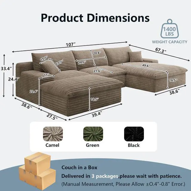 Alt view image 2 of 7 - 107" Cloud Sectional Couch with U-Shaped Chaise,Viral Corduroy Boneless Sofa with Ottoman,Memory Foam Couches in a Box with Deep Seat for Living Room,No Assembly Required (Camel,Right-Facing Chaise)