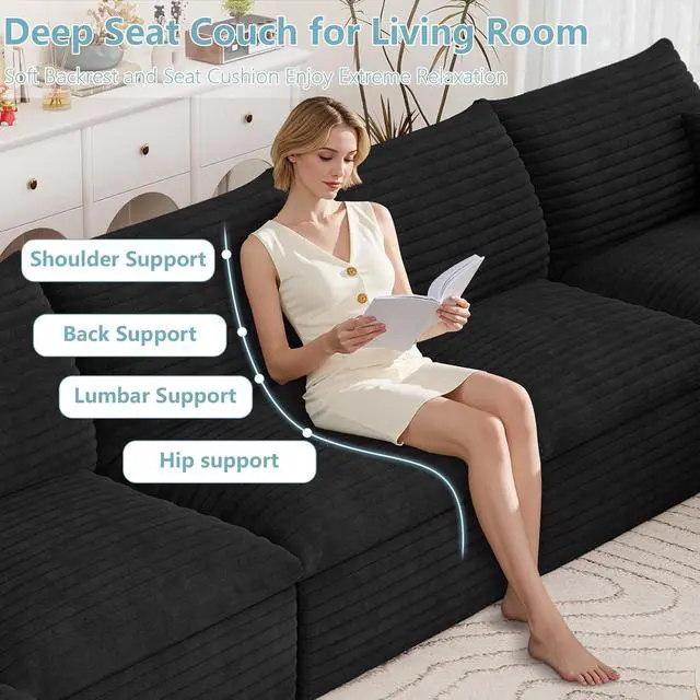 Alt view image 6 of 7 - 136" Cloud Sectional Couch with L-Shaped Chaise,4-Seater Corduroy Viral Boneless Sofa with Ottoman,Memory Foam Couches in a Box with Deep Seat for Living Room,No Assembly Required, Black