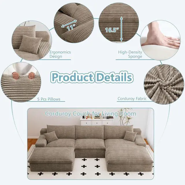 Alt view image 4 of 7 - 107" Cloud Sectional Couch with U-Shaped Chaise,Viral Corduroy Boneless Sofa with Ottoman,Memory Foam Couches in a Box with Deep Seat for Living Room,No Assembly Required (Camel,Right-Facing Chaise)