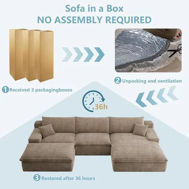 Alt view image 7 of 7 - 107" Cloud Sectional Couch with U-Shaped Chaise,Viral Corduroy Boneless Sofa with Ottoman,Memory Foam Couches in a Box with Deep Seat for Living Room,No Assembly Required (Camel,Right-Facing Chaise)