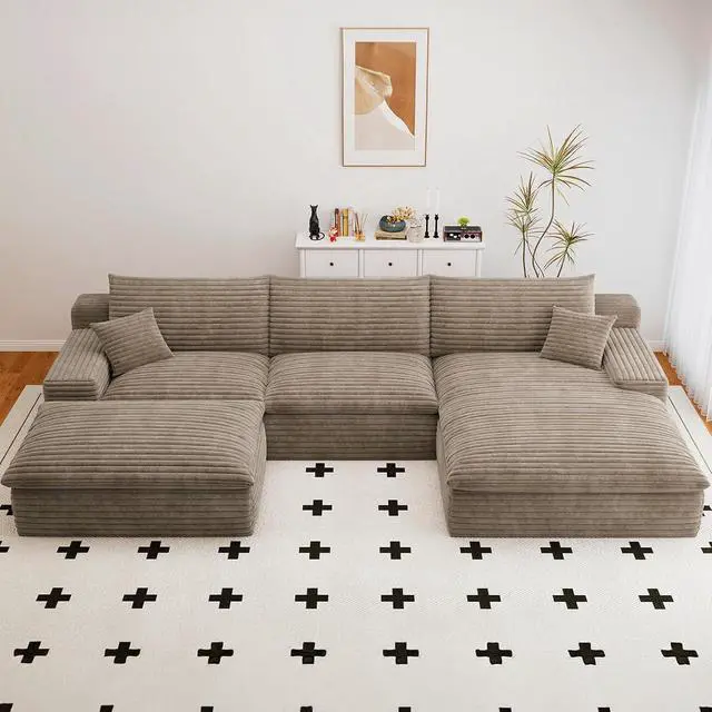 Alt view image 3 of 7 - 107" Cloud Sectional Couch with U-Shaped Chaise,Viral Corduroy Boneless Sofa with Ottoman,Memory Foam Couches in a Box with Deep Seat for Living Room,No Assembly Required (Camel,Right-Facing Chaise)