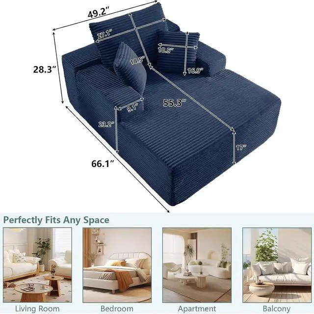 Alt view image 2 of 7 - 50" Oversized Chaise Lounge Chair Indoor,Corduroy Boneless Reading Chair with 3 Pillows,Deep Seat Cloud Sofa Bed,Comfy Modern Sleeper Chairs in Box for Living Room Bedroom,No Assembly(Blue)