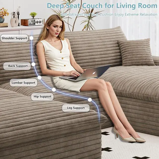 Alt view image 5 of 7 - 107" Cloud Sectional Couch with U-Shaped Chaise,Viral Corduroy Boneless Sofa with Ottoman,Memory Foam Couches in a Box with Deep Seat for Living Room,No Assembly Required (Camel,Right-Facing Chaise)
