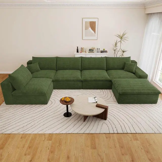Main image of 136" Cloud Sectional Couch with U-Shaped Chaise,5-Seater Corduroy Viral Boneless Sofa with Ottoman,Memory Foam Couches in a Box with Deep Seat for Living Room,No Assembly Required, Green