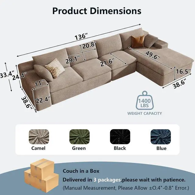 Alt view image 2 of 7 - 136" Cloud Sectional Couch with L-Shape Chaise, Corduroy Viral Boneless Sofa for Living Room,Modern Memory Foam Couches in a Box with Deep Seat,No Assembly Required (Camel,Right-Facing Chaise)