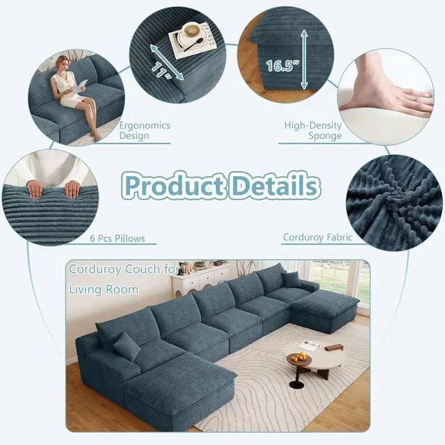 Alt view image 4 of 7 - 165" Oversized Cloud Sectional Couch with U-Shaped Chaise,5-Seater Corduroy Viral Boneless Sofa with Ottoman,Memory Foam Couches in a Box with Deep Seat for Living Room,No Assembly Required, Blue