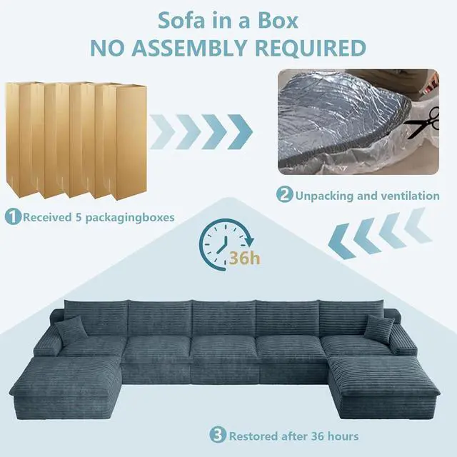 Alt view image 6 of 7 - 165" Oversized Cloud Sectional Couch with U-Shaped Chaise,5-Seater Corduroy Viral Boneless Sofa with Ottoman,Memory Foam Couches in a Box with Deep Seat for Living Room,No Assembly Required, Blue