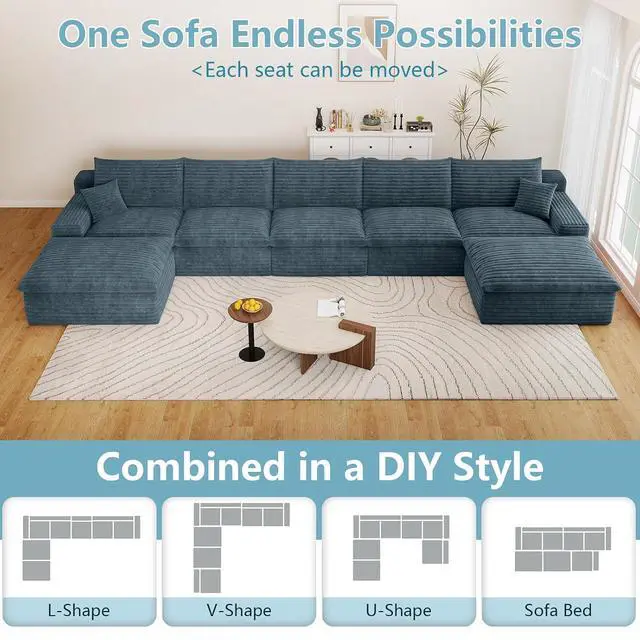 Alt view image 5 of 7 - 165" Oversized Cloud Sectional Couch with U-Shaped Chaise,5-Seater Corduroy Viral Boneless Sofa with Ottoman,Memory Foam Couches in a Box with Deep Seat for Living Room,No Assembly Required, Blue