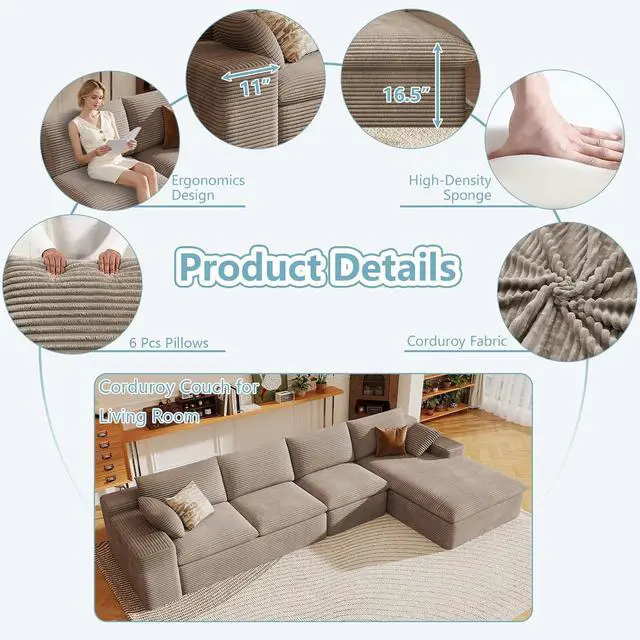 Alt view image 4 of 7 - 136" Cloud Sectional Couch with L-Shape Chaise, Corduroy Viral Boneless Sofa for Living Room,Modern Memory Foam Couches in a Box with Deep Seat,No Assembly Required (Camel,Right-Facing Chaise)