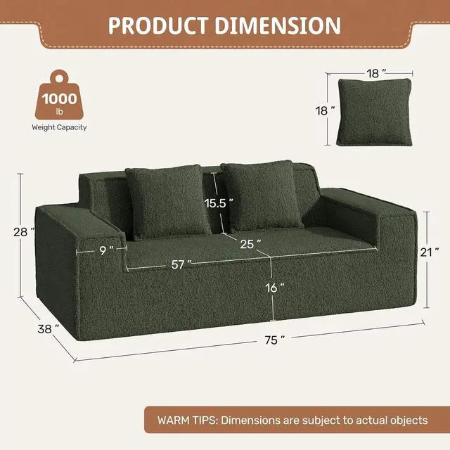 Alt view image 2 of 7 - 75'' Cloud Loveseat Sofa, No Assembly Required Comfy Deep Seat Couches 1 pcs for Living Room, Bedroom, Apartment(Teddy Fabric-Green)