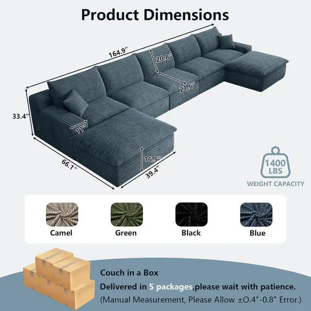 Alt view image 7 of 7 - 165" Oversized Cloud Sectional Couch with U-Shaped Chaise,5-Seater Corduroy Viral Boneless Sofa with Ottoman,Memory Foam Couches in a Box with Deep Seat for Living Room,No Assembly Required, Blue