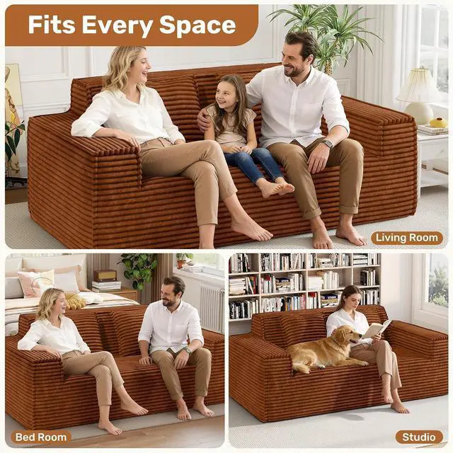 Alt view image 6 of 7 - 75'' Modern Cloud Loveseat Sofa Set of 2, No Assembly Required Comfy Deep Seat Couches 2 pcs for Living Room, Bedroom, Apartment (Corduroy-Brown)