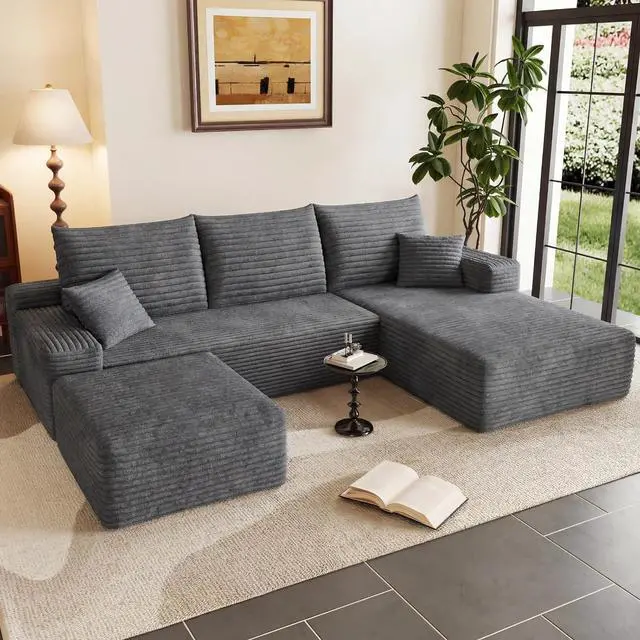 Main image of 95" Cloud Sectional Couch with Ottoman,Modern U-Shaped Cloud Couch with Deep Seat,Comfy Corduroy 3-Seater Sofa,Memory Foam Sofa for Living Room,No Assembly (Dark Gray,Right-Facing Chaise)