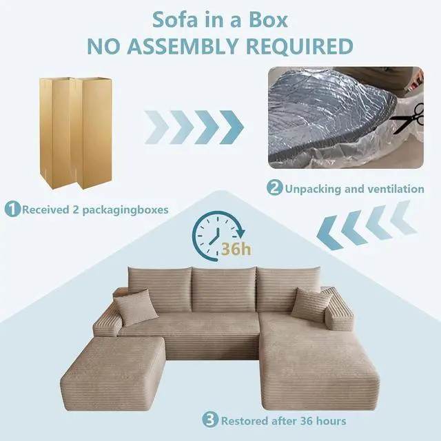 Alt view image 7 of 7 - 95" Cloud Sectional Couch with Ottoman,Modern U-Shaped Cloud Couch with Deep Seat,Comfy Corduroy 3-Seater Sofa,Memory Foam Sofa for Living Room,No Assembly (Camel,Right-Facing Chaise)