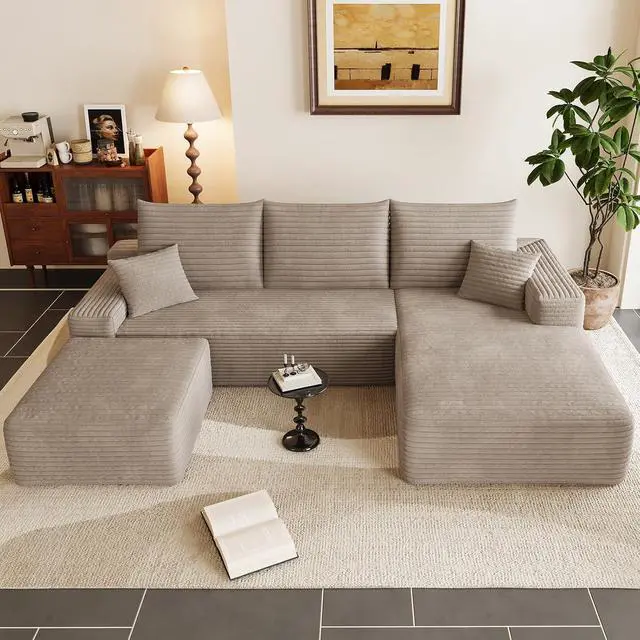 Alt view image 6 of 7 - 95" Cloud Sectional Couch with Ottoman,Modern U-Shaped Cloud Couch with Deep Seat,Comfy Corduroy 3-Seater Sofa,Memory Foam Sofa for Living Room,No Assembly (Camel,Right-Facing Chaise)
