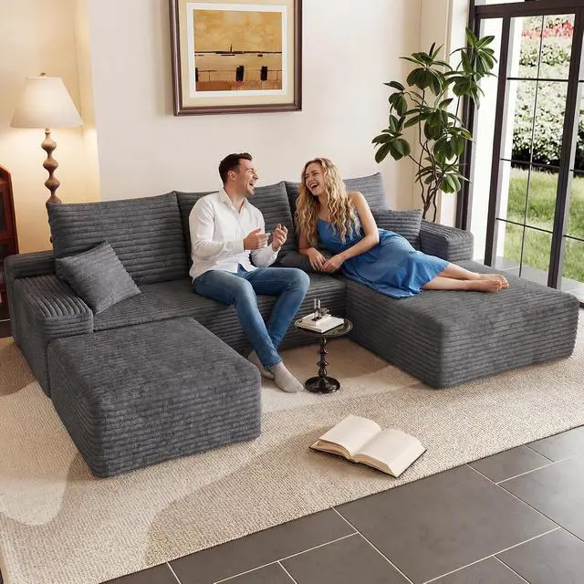 Alt view image 3 of 7 - 95" Cloud Sectional Couch with Ottoman,Modern U-Shaped Cloud Couch with Deep Seat,Comfy Corduroy 3-Seater Sofa,Memory Foam Sofa for Living Room,No Assembly (Dark Gray,Right-Facing Chaise)