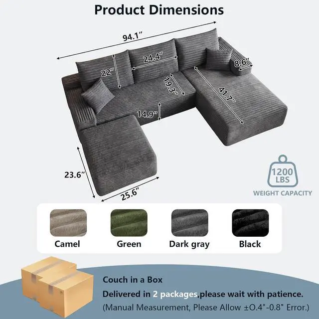 Alt view image 2 of 7 - 95" Cloud Sectional Couch with Ottoman,Modern U-Shaped Cloud Couch with Deep Seat,Comfy Corduroy 3-Seater Sofa,Memory Foam Sofa for Living Room,No Assembly (Dark Gray,Right-Facing Chaise)