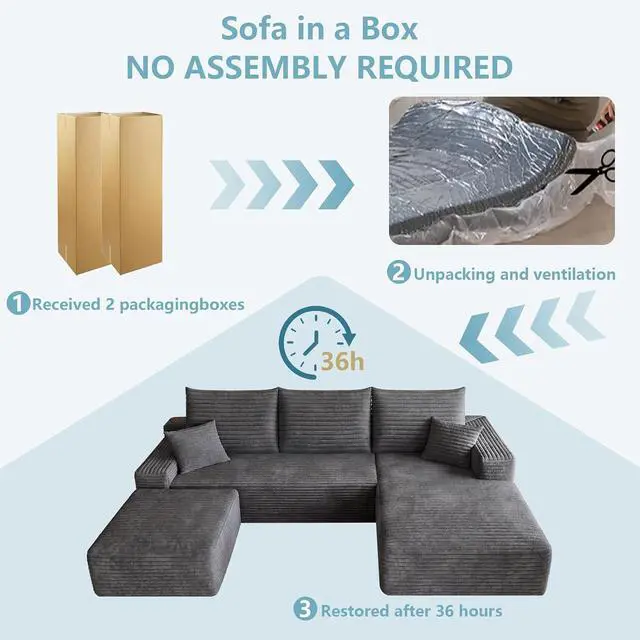 Alt view image 7 of 7 - 95" Cloud Sectional Couch with Ottoman,Modern U-Shaped Cloud Couch with Deep Seat,Comfy Corduroy 3-Seater Sofa,Memory Foam Sofa for Living Room,No Assembly (Dark Gray,Right-Facing Chaise)