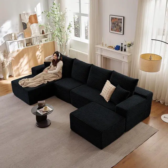 Main image of 135.4" Cloud Sectional Couch with Ottoman,Modern U-Shaped Cloud Couch with Deep Seat,Comfy Corduroy 4-Seater Sofa,Memory Foam Sofa for Living Room,No Assembly(Black,Left-Facing Chaise)