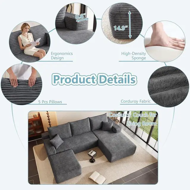 Alt view image 4 of 7 - 95" Cloud Sectional Couch with Ottoman,Modern U-Shaped Cloud Couch with Deep Seat,Comfy Corduroy 3-Seater Sofa,Memory Foam Sofa for Living Room,No Assembly (Dark Gray,Right-Facing Chaise)