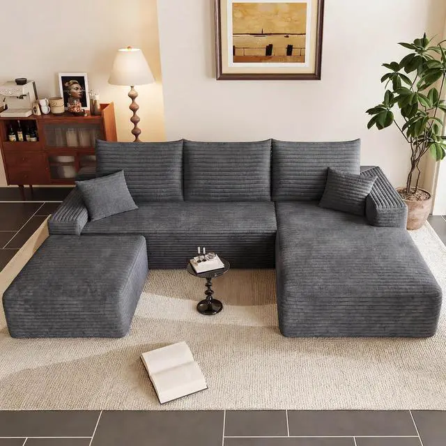 Alt view image 6 of 7 - 95" Cloud Sectional Couch with Ottoman,Modern U-Shaped Cloud Couch with Deep Seat,Comfy Corduroy 3-Seater Sofa,Memory Foam Sofa for Living Room,No Assembly (Dark Gray,Right-Facing Chaise)