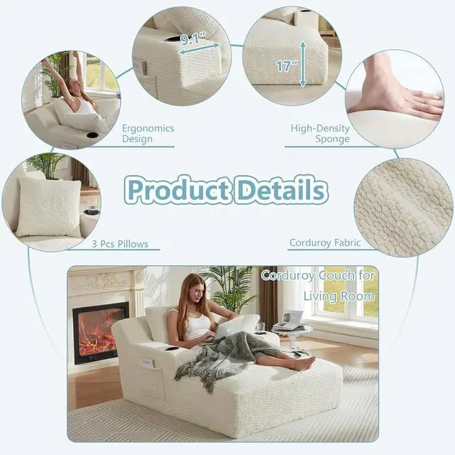 Alt view image 4 of 7 - 49.2" Oversized Chaise Lounge Chair Indoor,Faux Fur Boneless Reading Chair with Cup Holder&Side Pockets,Cloud Sofa Bed,Comfy Modern Sleeper Chairs in Box for Living Room,No Assembly(Light Grey)