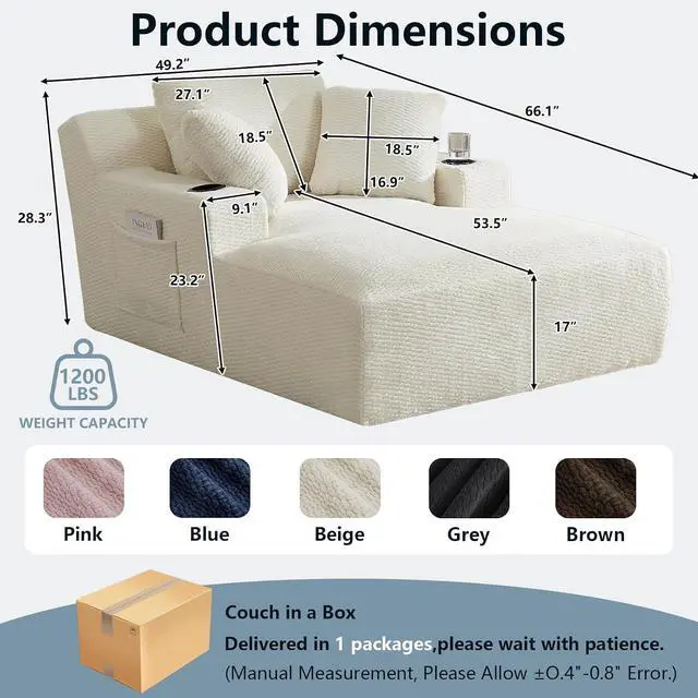 Alt view image 2 of 7 - 49.2" Oversized Chaise Lounge Chair Indoor,Faux Fur Boneless Reading Chair with Cup Holder&Side Pockets,Cloud Sofa Bed,Comfy Modern Sleeper Chairs in Box for Living Room,No Assembly(Light Grey)