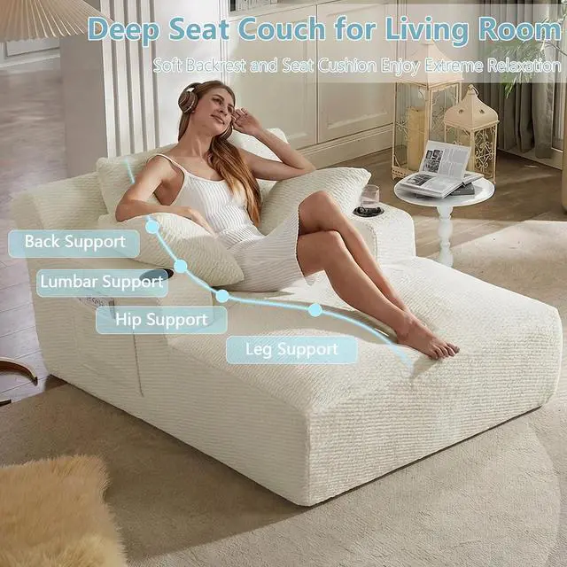 Alt view image 3 of 7 - 49.2" Oversized Chaise Lounge Chair Indoor,Faux Fur Boneless Reading Chair with Cup Holder&Side Pockets,Cloud Sofa Bed,Comfy Modern Sleeper Chairs in Box for Living Room,No Assembly(Light Grey)
