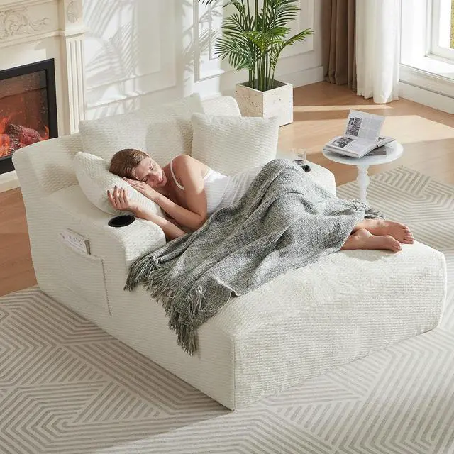 Alt view image 5 of 7 - 49.2" Oversized Chaise Lounge Chair Indoor,Faux Fur Boneless Reading Chair with Cup Holder&Side Pockets,Cloud Sofa Bed,Comfy Modern Sleeper Chairs in Box for Living Room,No Assembly(Light Grey)