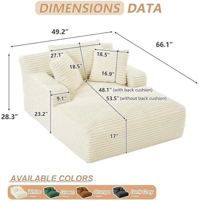 Alt view image 2 of 7 - 49.2" Oversized Chaise Lounge Chair Indoor,Corduroy Boneless Reading Chair with 3 Pillows,Deep Seat Cloud Sofa Bed,Comfy Modern Sleeper Chairs in Box for Living Room Bedroom,No Assembly(White)