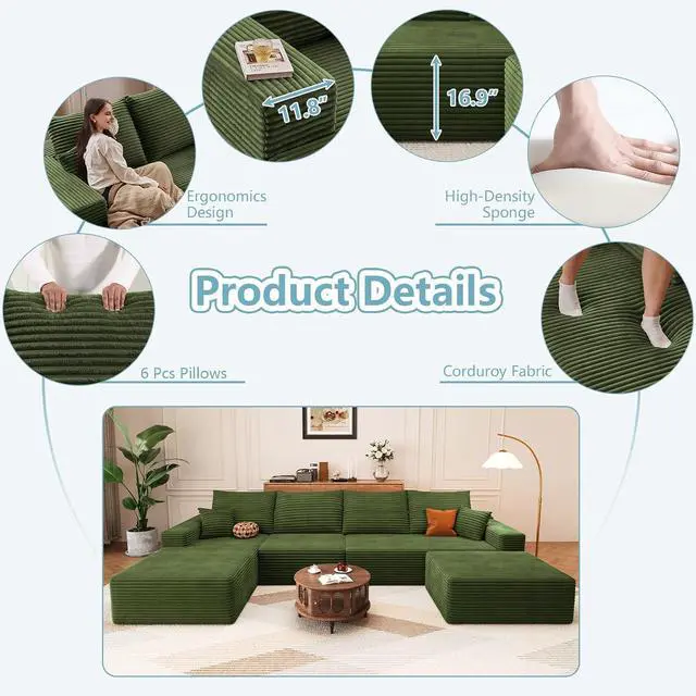 Alt view image 4 of 7 - 136" U Shaped Cloud Sectional Couch with Fluffy Corduroy, Deep Memory Foam Seats Sofa with 1 Ottoman for Living Room, No Assembly Required(Green,Left-Facing Chaise)