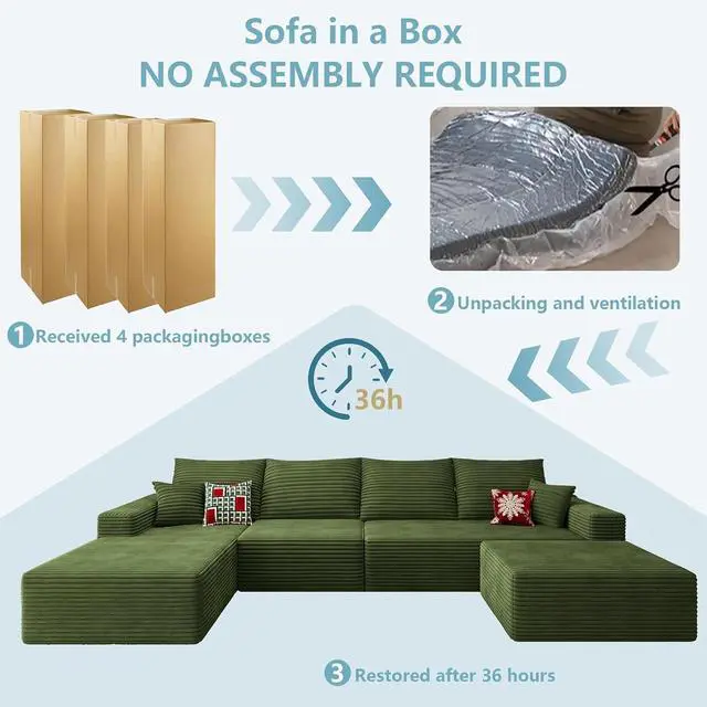 Alt view image 7 of 7 - 136" U Shaped Cloud Sectional Couch with Fluffy Corduroy, Deep Memory Foam Seats Sofa with 1 Ottoman for Living Room, No Assembly Required(Green,Left-Facing Chaise)