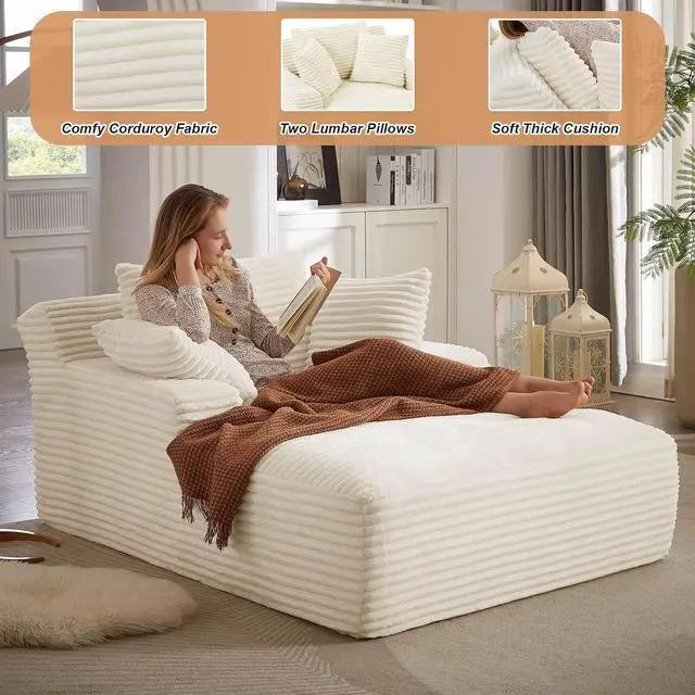 Alt view image 3 of 7 - 49.2" Oversized Chaise Lounge Chair Indoor,Corduroy Boneless Reading Chair with 3 Pillows,Deep Seat Cloud Sofa Bed,Comfy Modern Sleeper Chairs in Box for Living Room Bedroom,No Assembly(White)