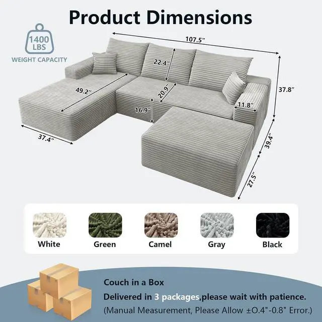 Alt view image 2 of 7 - 107" U Shaped Cloud Sectional Couch with Fluffy Corduroy, Deep Memory Foam Seats Sofa with 1 Ottoman for Living Room, No Assembly Required(Grey,Left-Facing Chaise)