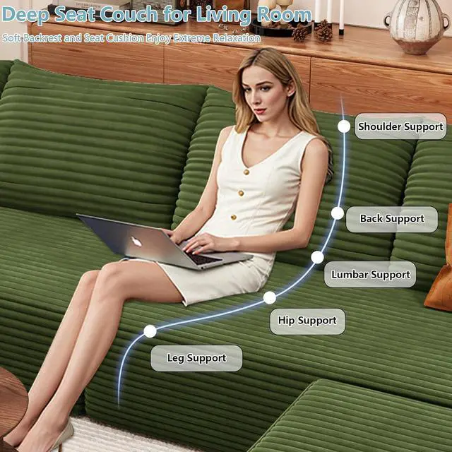Alt view image 5 of 7 - 136" U Shaped Cloud Sectional Couch with Fluffy Corduroy, Deep Memory Foam Seats Sofa with 1 Ottoman for Living Room, No Assembly Required(Green,Left-Facing Chaise)