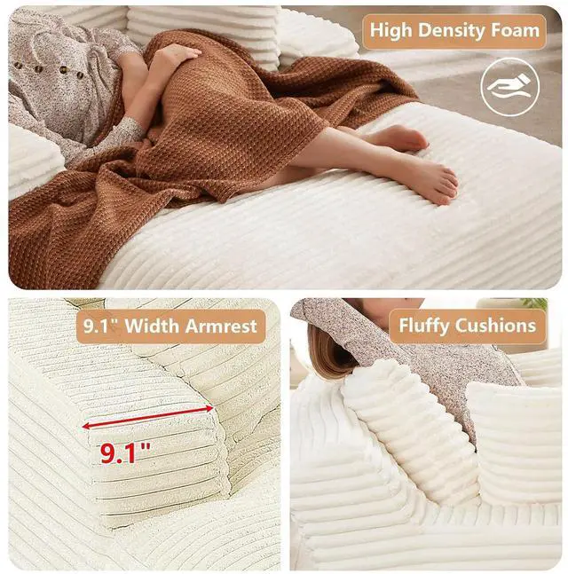 Alt view image 4 of 7 - 49.2" Oversized Chaise Lounge Chair Indoor,Corduroy Boneless Reading Chair with 3 Pillows,Deep Seat Cloud Sofa Bed,Comfy Modern Sleeper Chairs in Box for Living Room Bedroom,No Assembly(White)