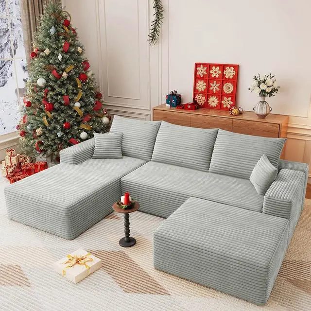 Main image of 107" U Shaped Cloud Sectional Couch with Fluffy Corduroy, Deep Memory Foam Seats Sofa with 1 Ottoman for Living Room, No Assembly Required(Grey,Left-Facing Chaise)