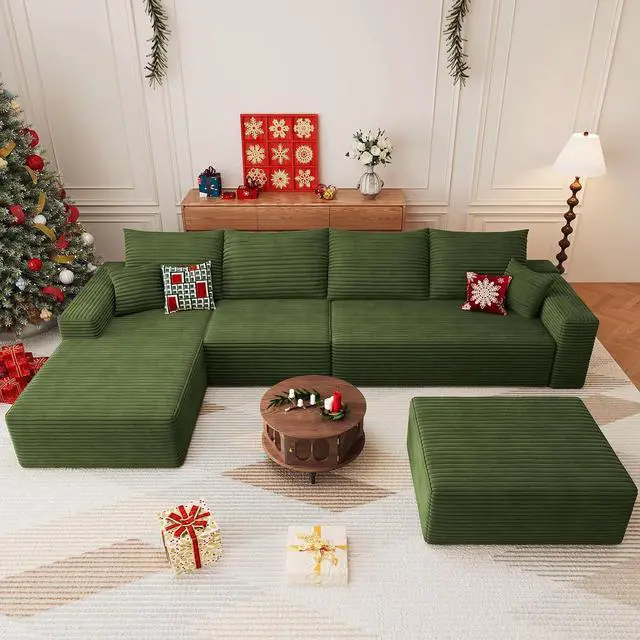 Alt view image 6 of 7 - 136" U Shaped Cloud Sectional Couch with Fluffy Corduroy, Deep Memory Foam Seats Sofa with 1 Ottoman for Living Room, No Assembly Required(Green,Left-Facing Chaise)