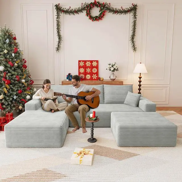 Alt view image 3 of 7 - 107" U Shaped Cloud Sectional Couch with Fluffy Corduroy, Deep Memory Foam Seats Sofa with 1 Ottoman for Living Room, No Assembly Required(Grey,Left-Facing Chaise)