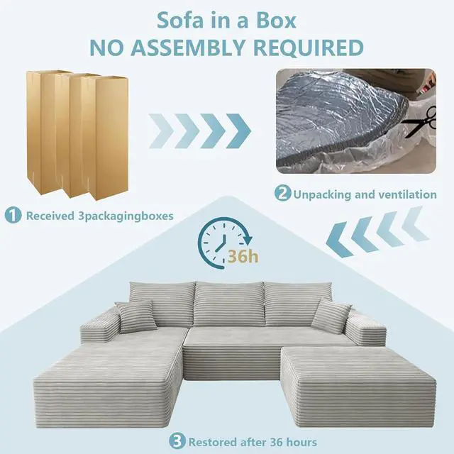 Alt view image 6 of 7 - 107" U Shaped Cloud Sectional Couch with Fluffy Corduroy, Deep Memory Foam Seats Sofa with 1 Ottoman for Living Room, No Assembly Required(Grey,Left-Facing Chaise)