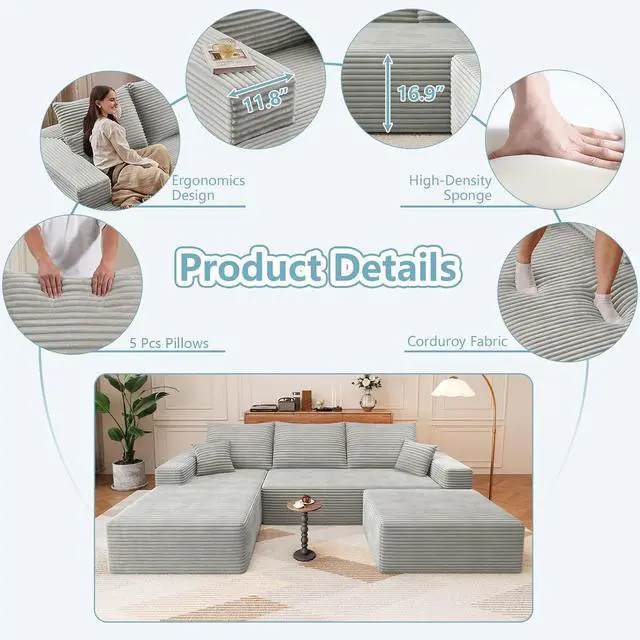 Alt view image 4 of 7 - 107" U Shaped Cloud Sectional Couch with Fluffy Corduroy, Deep Memory Foam Seats Sofa with 1 Ottoman for Living Room, No Assembly Required(Grey,Left-Facing Chaise)