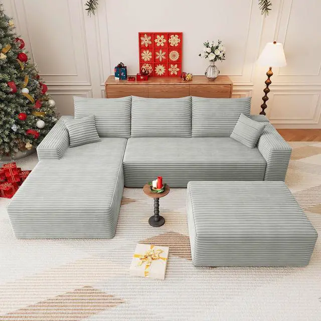 Alt view image 5 of 7 - 107" U Shaped Cloud Sectional Couch with Fluffy Corduroy, Deep Memory Foam Seats Sofa with 1 Ottoman for Living Room, No Assembly Required(Grey,Left-Facing Chaise)