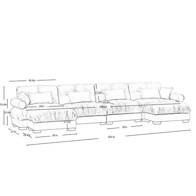 Alt view image 2 of 6 - 166"W Modular Sectional Sofa with 2 Ottomans, Oversized 4-Seater Couch with Waist & Throw Pillows,Comfy Velvet Deep Seat Upholstered Sofa for Living Room,Apartment(Cream,4-Seater with 2 Ottomans)