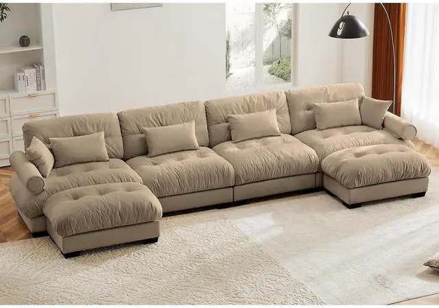 Main image of 166"W Modular Sectional Sofa with 2 Ottomans, Oversized 4-Seater Couch with Waist & Throw Pillows,Comfy Velvet Deep Seat Upholstered Sofa for Living Room,Apartment(Camel,4-Seater with 2 Ottomans)