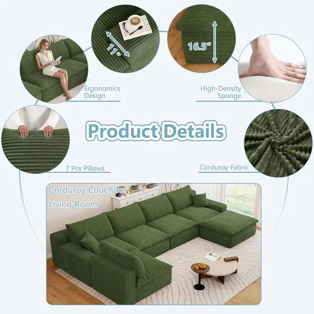 Alt view image 4 of 7 - 136" Cloud Sectional Couch with U-Shaped Chaise,5-Seater Corduroy Viral Boneless Sofa with Ottoman,Memory Foam Couches in a Box with Deep Seat for Living Room,No Assembly Required, Green